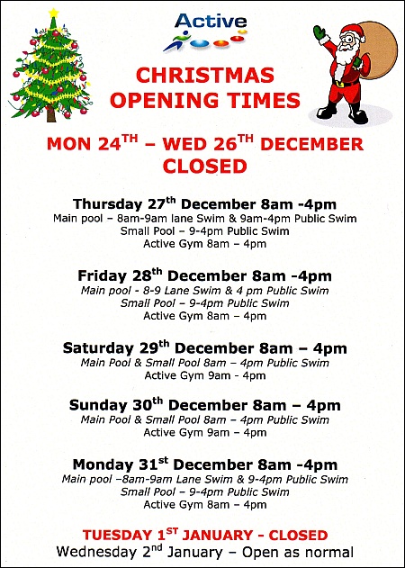 Christmas 2012 opening hours at Bradley Stoke Leisure Centre.