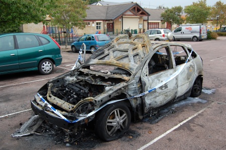 Burnt-out car, Brook Way, Bradley Stoke, Bristol