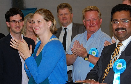 Conservative supporters celebrate victory in Bradley Stoke