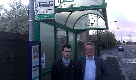 Cllr Rob Jones and Cllr John Ashe at a bus stop in Bradley Stoke South.