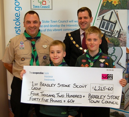 Presentation of a cheque to the 1st Bradley Stoke Scout Group.