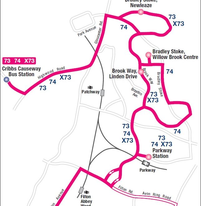 Route map for the 73, 74 and X73 services in Bradley Stoke, Bristol.