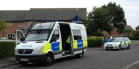 Police vehicles attend a "bomb scare" in Carter Walk, Bradley Stoke, Bristol.