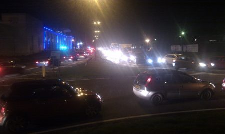 Traffic at a standstill on Bradley Stoke Way, near the Willow Brook Centre.