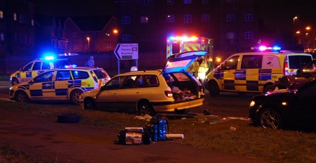 Emergency service vehicles attend a road traffic accident on Bradley Stoke Way.