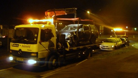 Recovery vehicles attend a road traffic accident on Bradley Stoke Way.