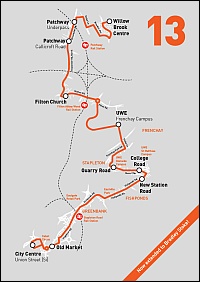 Route map for the Wessex Red no. 13 bus service from Bradley Stoke to Bristol.