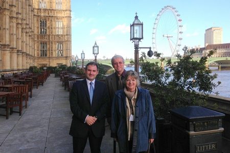 Jack Lopresti MP (left) with Roland and Brenda Cowley outside Parliament.