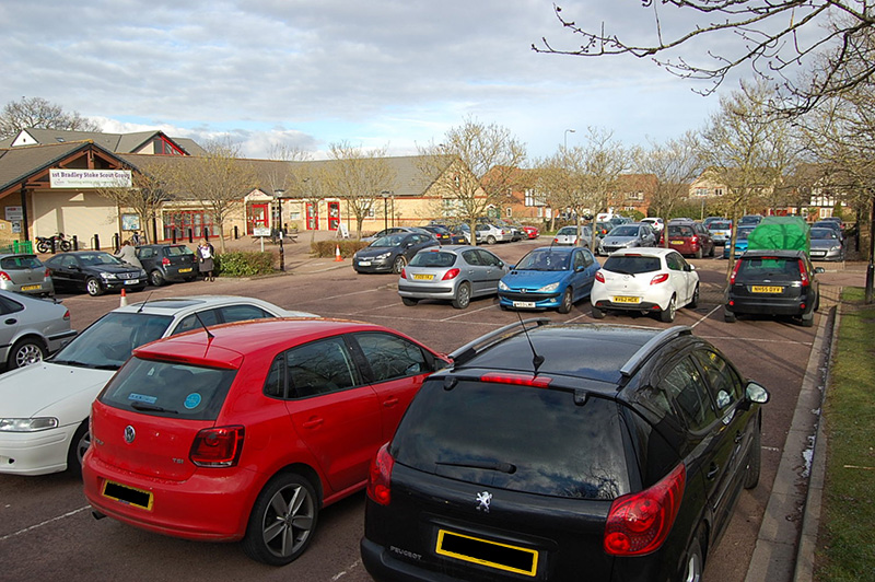 The car park at Brook Way Activity Centre and Bradley Stoke Surgery.