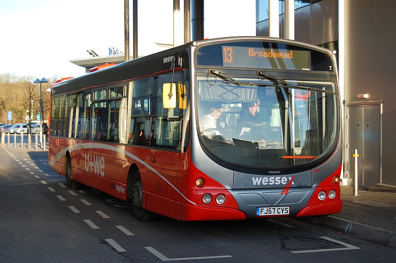 Wessex Red number 13 bus at the Willow Brook Centre, Bradley Stoke.