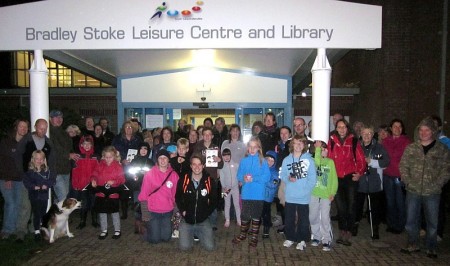 Participants of a 'bat walk' gather outside Bradley Stoke Leisure Centre.