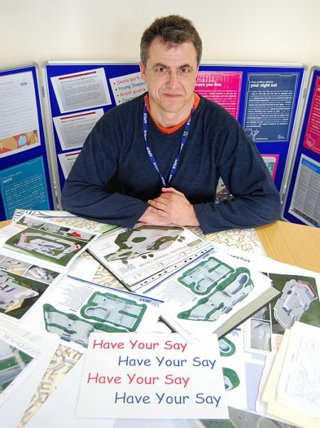 BSTC's Graham Baker with a selection of skate park design brochures.