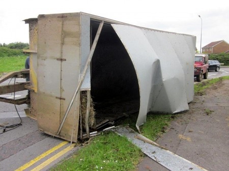 Overturned cattle trailer in Bradley Stoke, Bristol.