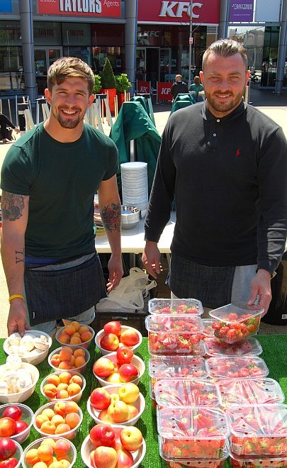 Ronnie's Fruit, Veg & Salad stall in the town square at the Willow Brook Centre, Bradley Stoke.