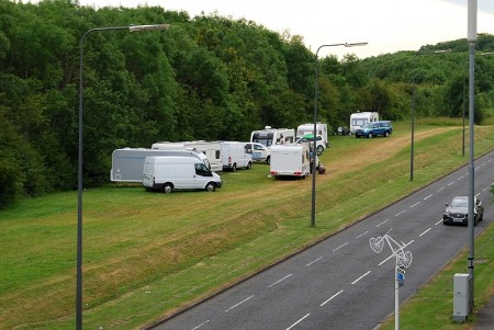 Traveller caravans at an illegal encampment alongside Bradley Stoke Way.