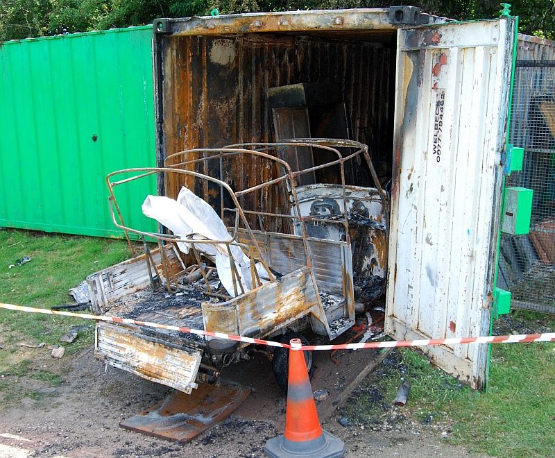 Aftermath of a suspected arson attack on a storage container at the Baileys Court Activity Centre in Bradley Stoke, Bristol.