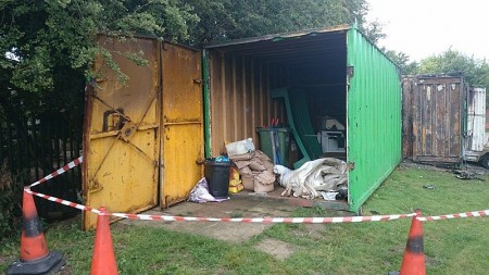 Fire-damaged container housing equipment belonging to Bradley Stoke Cricket Club.