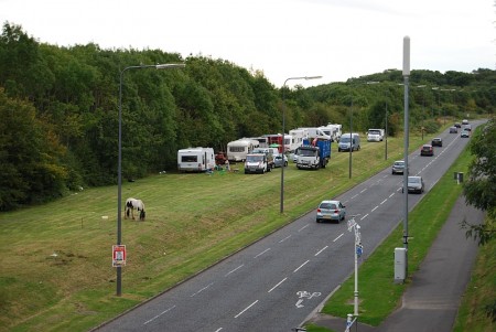 Illegal traveller encampment on Bradley Stoke Way - pictured at 7pm on Sunday 24th August 2014.