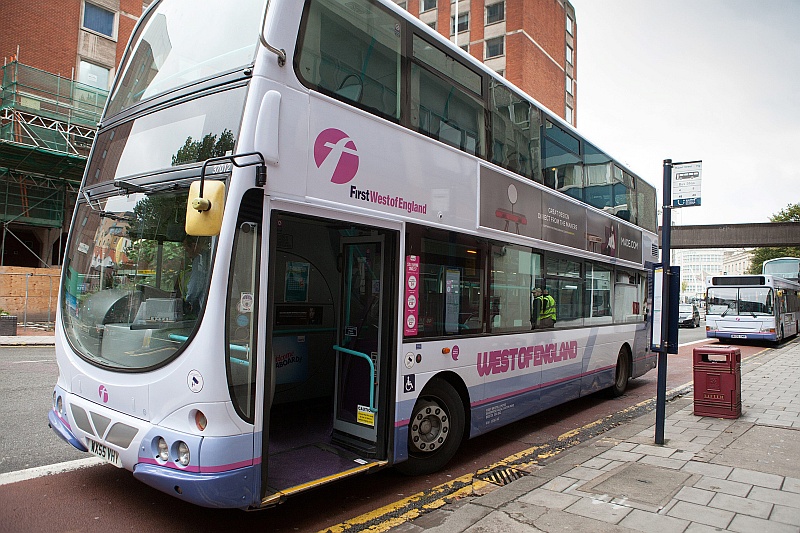A First West of England bus, pictured in Bristol city centre.