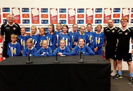 Bradley Stoke Youth FC Girls in the media suite at Wembley Stadium on the day of the 2014 FA Community Shield.