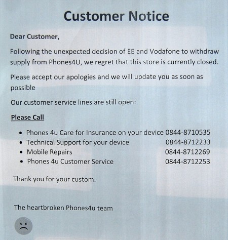 Notice on the door of the Phones 4u store in Bradley Stoke, Bristol.
