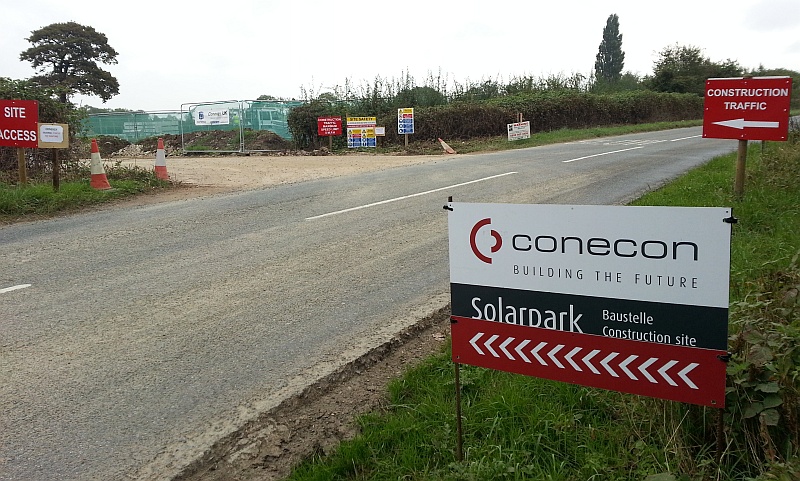 Entrance to the site of an under-construction solar farm at Grange Farm, Trench Lane, Frampton Cotterell, Bristol.