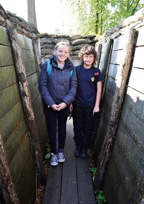 Bradley Stoke Community School students Jade Fisher and Billy Wilde in the reconstructed trenches at Passchendaele.
