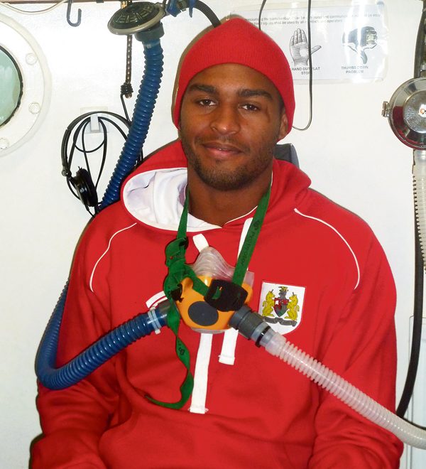 BCFC player Mark Little inside the oxygen chamber at the West of England MS Therapy Centre in Bradley Stoke.