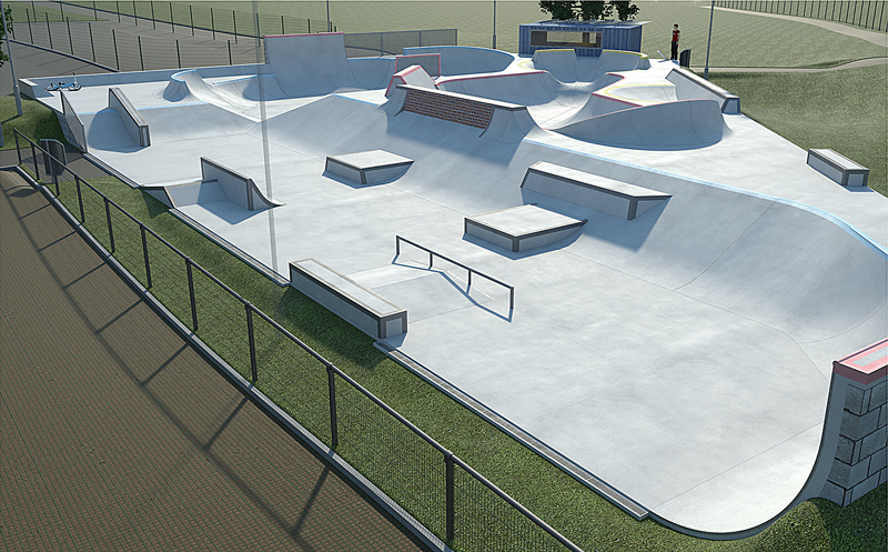 Winning design for the new skate park at Bradley Stoke Leisure Centre. It will be located on a triangle of land north-east of the overflow car park (seen lower left),