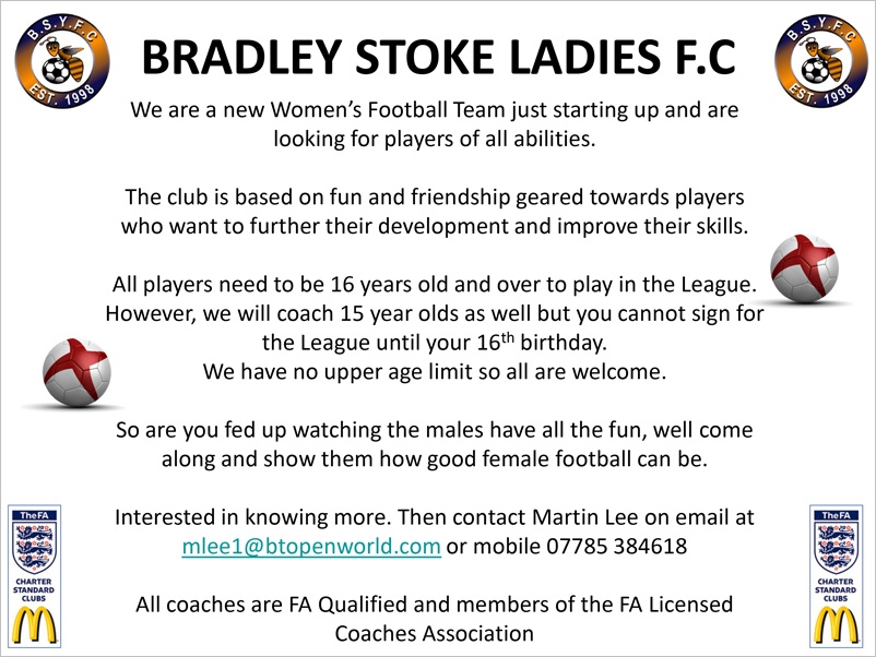 Poster advertising a new ladies' football team being formed in Bradley Stoke, Bristol.