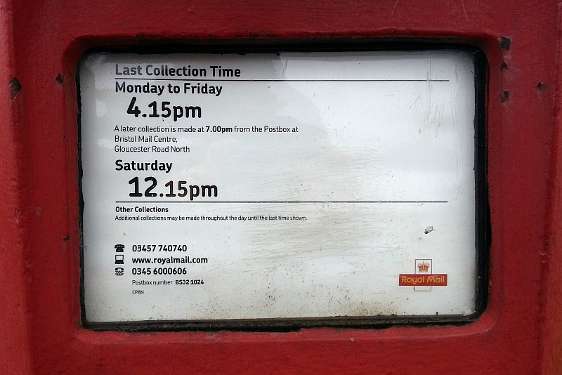 Collection times shown on a Royal Mail post box at Baileys Court, Bradley Stoke, Bristol.