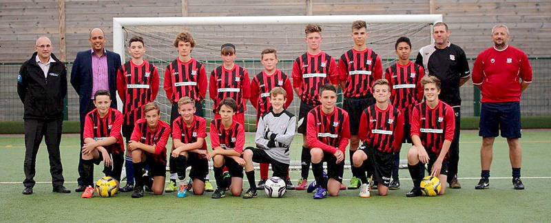 Bradley Stoke United FC Under-15 Blacks with representatives of their sponsor Volker Fitzpatrick.