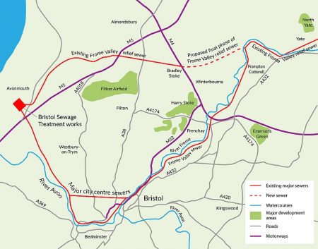 Map showing proposed final phase of the Frome Valley relief sewer between Frampton Cotterell and Bradley Stoke.