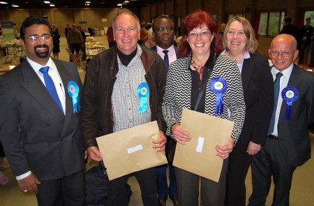 Brian Hopkinson and Sarah Pomfret (front, centre), winning candidates in the election for the Bradley Stoke Central & Stoke Lodge ward of South Gloucestershire Council.