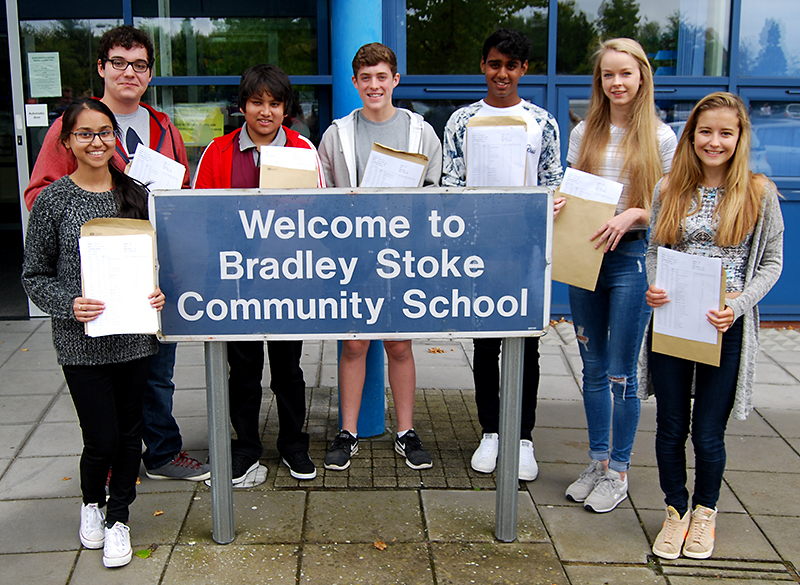 Top-achieving GCSE students at Bradley Stoke Community School. L-r: Amna Hussain, Marcos Manning, Varun Thapa, James King, Adam Timothy and Emily Porter, Ella Grove.