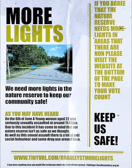 'More lights' poster displayed at numerous locations around the nature reserve in Bradley Stoke.