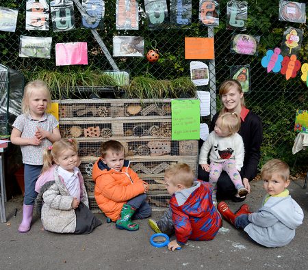 Bug hotel created by volunteers from Lloyds Banking Group at Abacus Pre-School @ Meadowbrook, Bradley Stoke, Bristol.