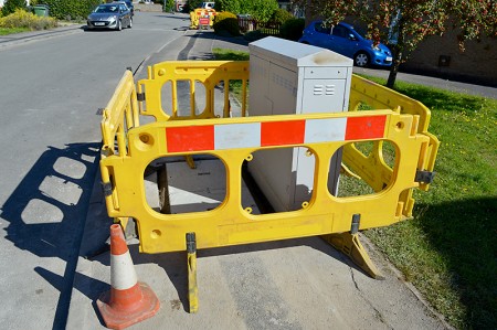 Newly-installed Virgin Media street cabinet in Courtlands, Bradley Stoke, Bristol.