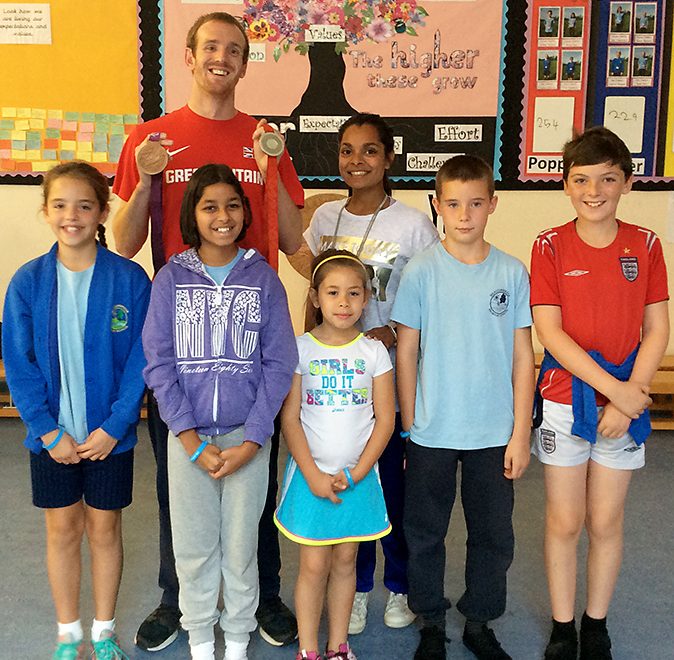 GB Paralympian Ben Rushgrove with pupils at Meadowbrook Primary School, Bradley Stoke, Bristol.