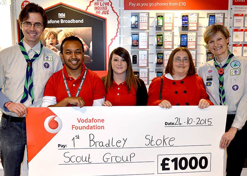 Representatives of the 1st Bradley Stoke Scout Group are presented with their Vodafone Community Connection Award at the Vodafone store in Bradley Stoke.