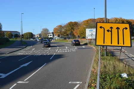 Approach to the Aztec West Roundabout on the northbound A38 during MetroBus construction work in November 2015.