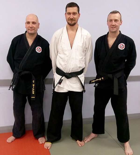 L-r: Chris Wills, Matt Brunt and Peter Williams - The first members of Bradley Stoke Jiu Jitsu Club to achieve a black belt 1st Dan grading.