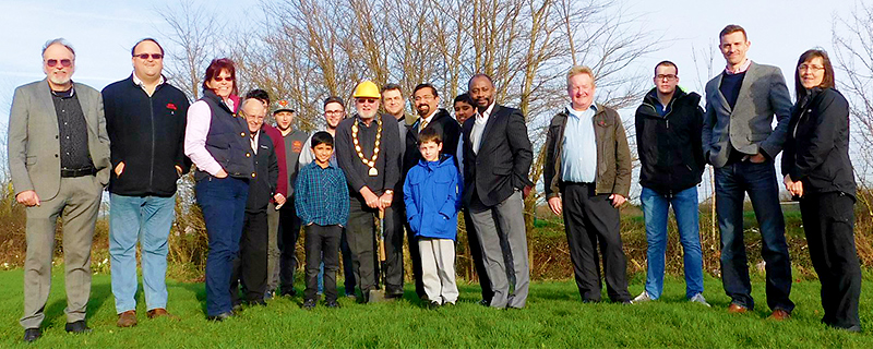 Mayor Cllr Roger Avenin, breaks the ground of the new skate park development with fellow councillors, active young residents and council officers.
