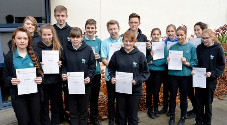 Duke of Edinburgh Award winners at Bradley Stoke Community School (l-r): Sophie Brain, Rachel Bennett, Megan Batty, Tom Dinham, Rebecca Halford, Alex Jackson, Callum Wilson, Rebecca Nash, Harry Wide, Jemma Smith, Emily Smart, Lucy Osborn, Lara Carnell and Chloe Lewis (all receiving bronze awards).