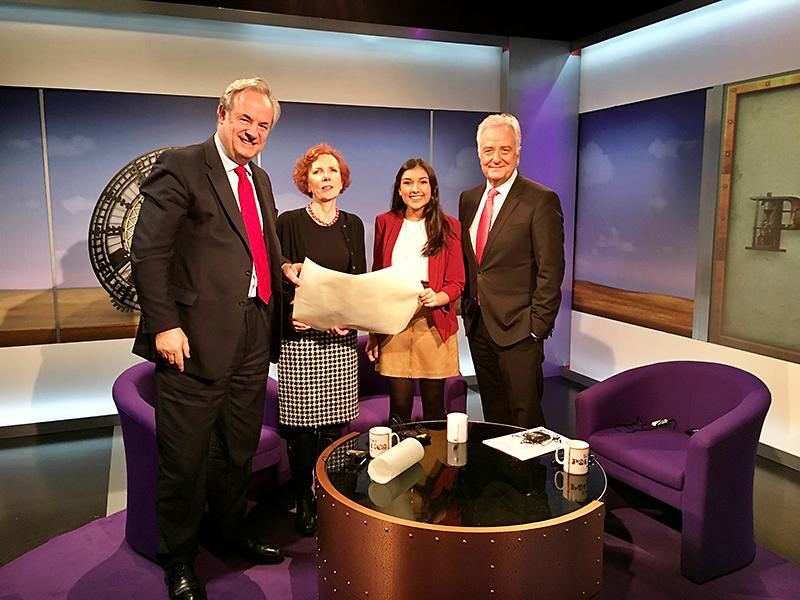 Neha Meta on the set of the BBC Politics Show West. L-r: James Grey MP, Baroness Royall of Blaisdon, Neha Mehta and David Garmston.