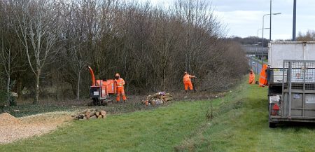 north-east side of Bradley Stoke Way, near Patchway Brook Roundabout, in preparation for road widening associated with the MetroBus project.