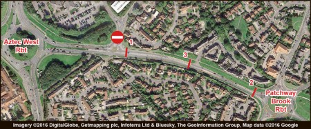 Pedestrian crossings affected by MetroBus construction work on Bradley Stoke Way:  1 = Woodlands Lane crossing; 2 = Patchway Brook zebra crossing; 3 = Orchard Gate crossing.