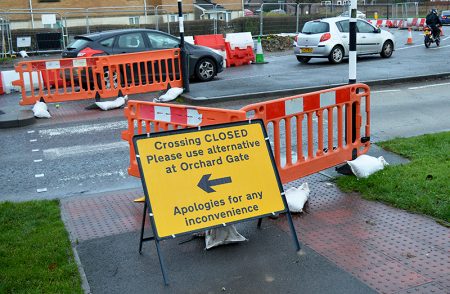 Pedestrian crossing on Bradley Stoke Way temporarily closed due to MetroBus construction work.