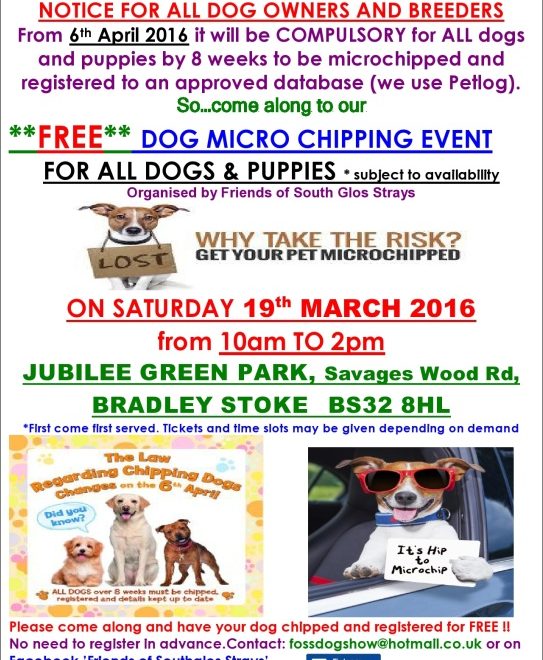 Free dog microchipping event in Bradley Stoke on Saturday 19th March 2016.