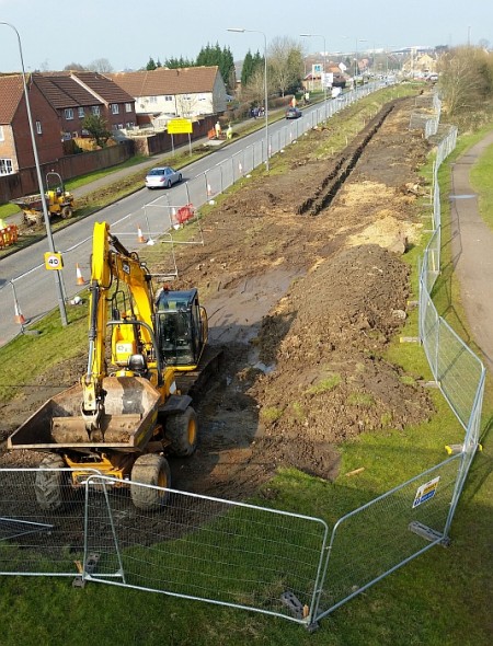 MetroBus construction work on Bradley Stoke Way, south-east of Patchway Brook Roundabout.
